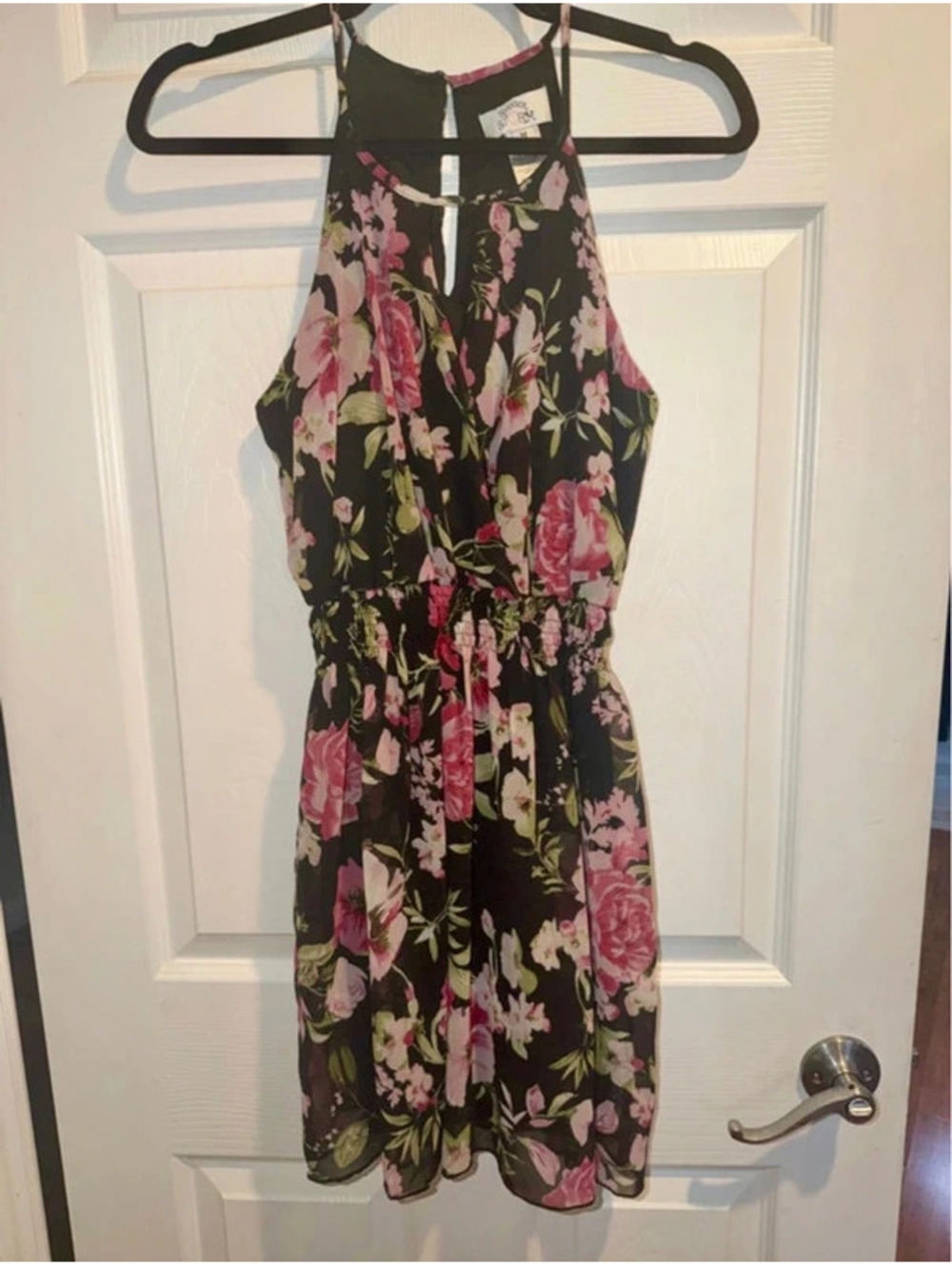 Sweet Storm Women’s M Black Pink Floral Halter Dress Smocked Waist Keyhole Back